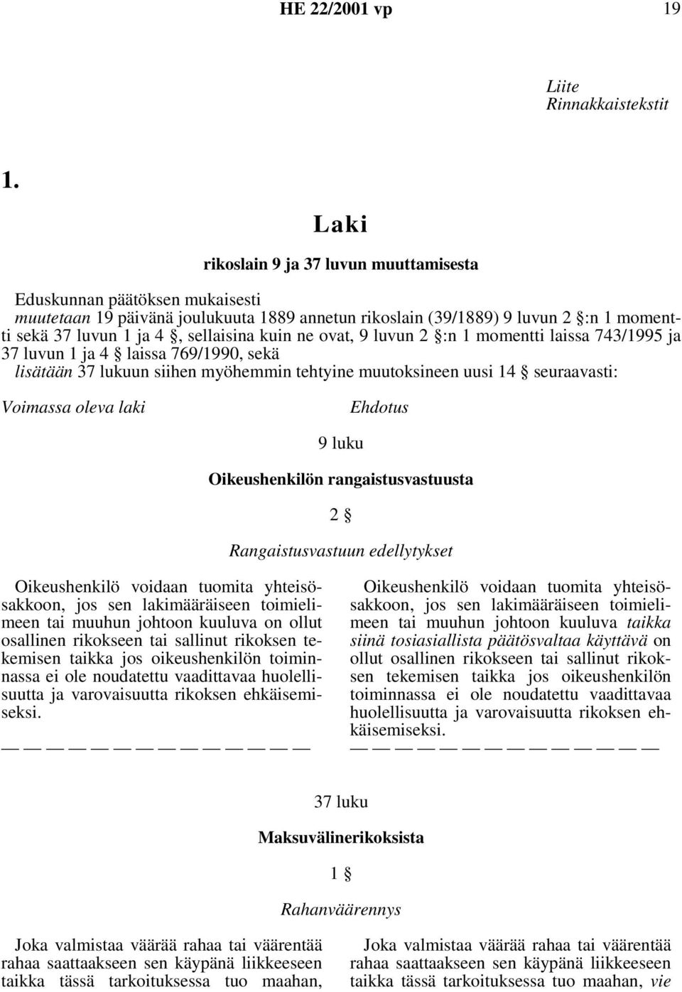 kuin ne ovat, 9 luvun 2 :n 1 momentti laissa 743/1995 ja 37 luvun 1 ja 4 laissa 769/1990, sekä lisätään 37 lukuun siihen myöhemmin tehtyine muutoksineen uusi 14 seuraavasti: Voimassa oleva laki