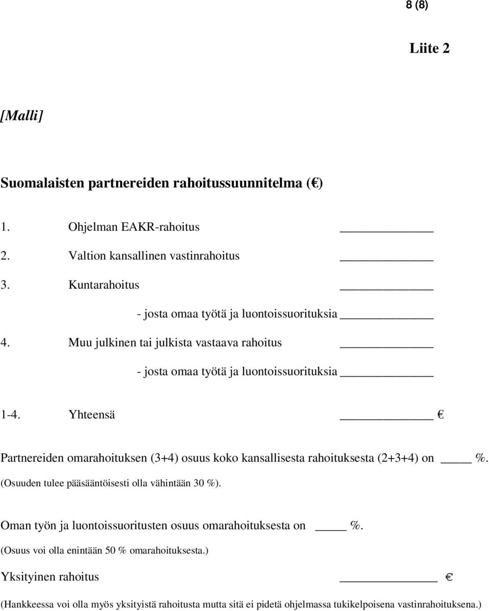 Yhteensä Partnereiden omarahoituksen (3+4) osuus koko kansallisesta rahoituksesta (2+3+4) on %. (Osuuden tulee pääsääntöisesti olla vähintään 30 %).