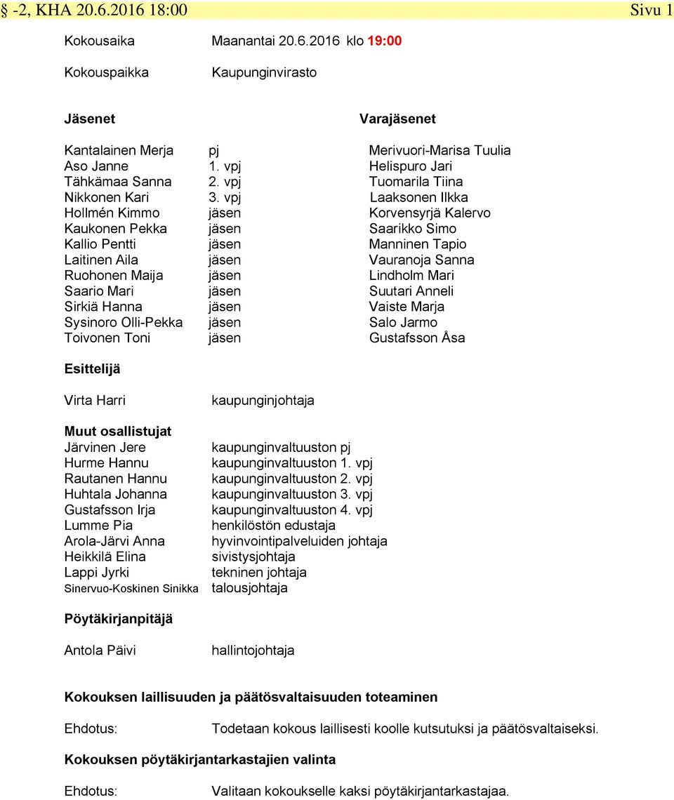 vpj Laaksonen Ilkka Hollmén Kimmo jäsen Korvensyrjä Kalervo Kaukonen Pekka jäsen Saarikko Simo Kallio Pentti jäsen Manninen Tapio Laitinen Aila jäsen Vauranoja Sanna Ruohonen Maija jäsen Lindholm