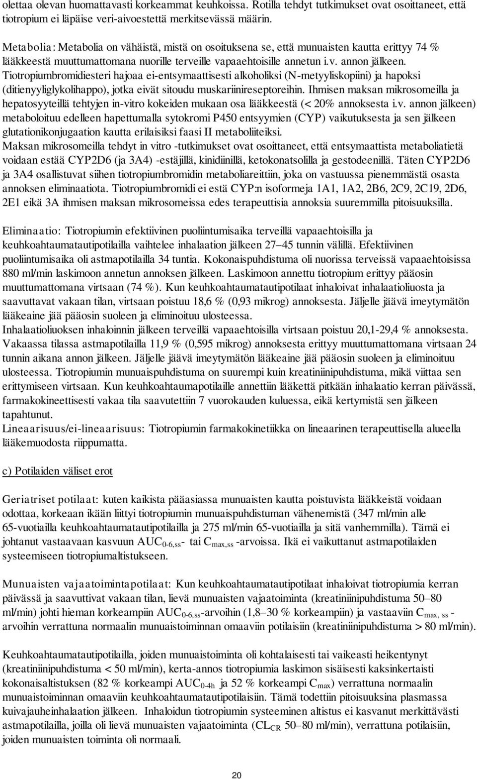 Tiotropiumbromidiesteri hajoaa ei-entsymaattisesti alkoholiksi (N-metyyliskopiini) ja hapoksi (ditienyyliglykolihappo), jotka eivät sitoudu muskariinireseptoreihin.