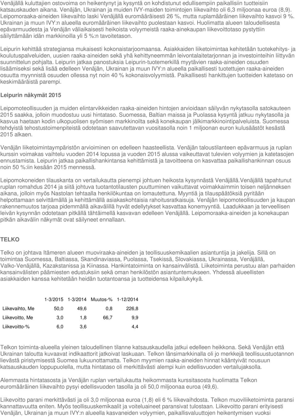 Leipomoraaka-aineiden liikevaihto laski Venäjällä euromääräisesti 26 %, mutta ruplamääräinen liikevaihto kasvoi 9 %. Ukrainan ja muun IVY:n alueella euromääräinen liikevaihto puolestaan kasvoi.