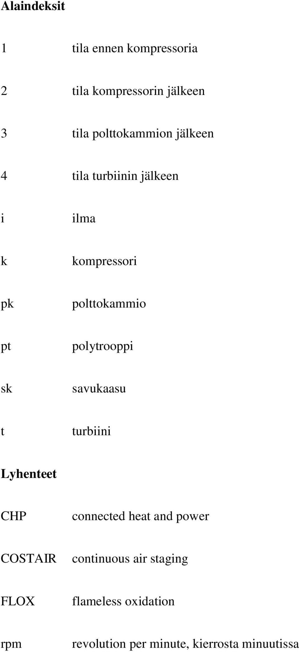 pt polytrooppi sk savukaasu t turbiini Lyhenteet CHP connected heat and power