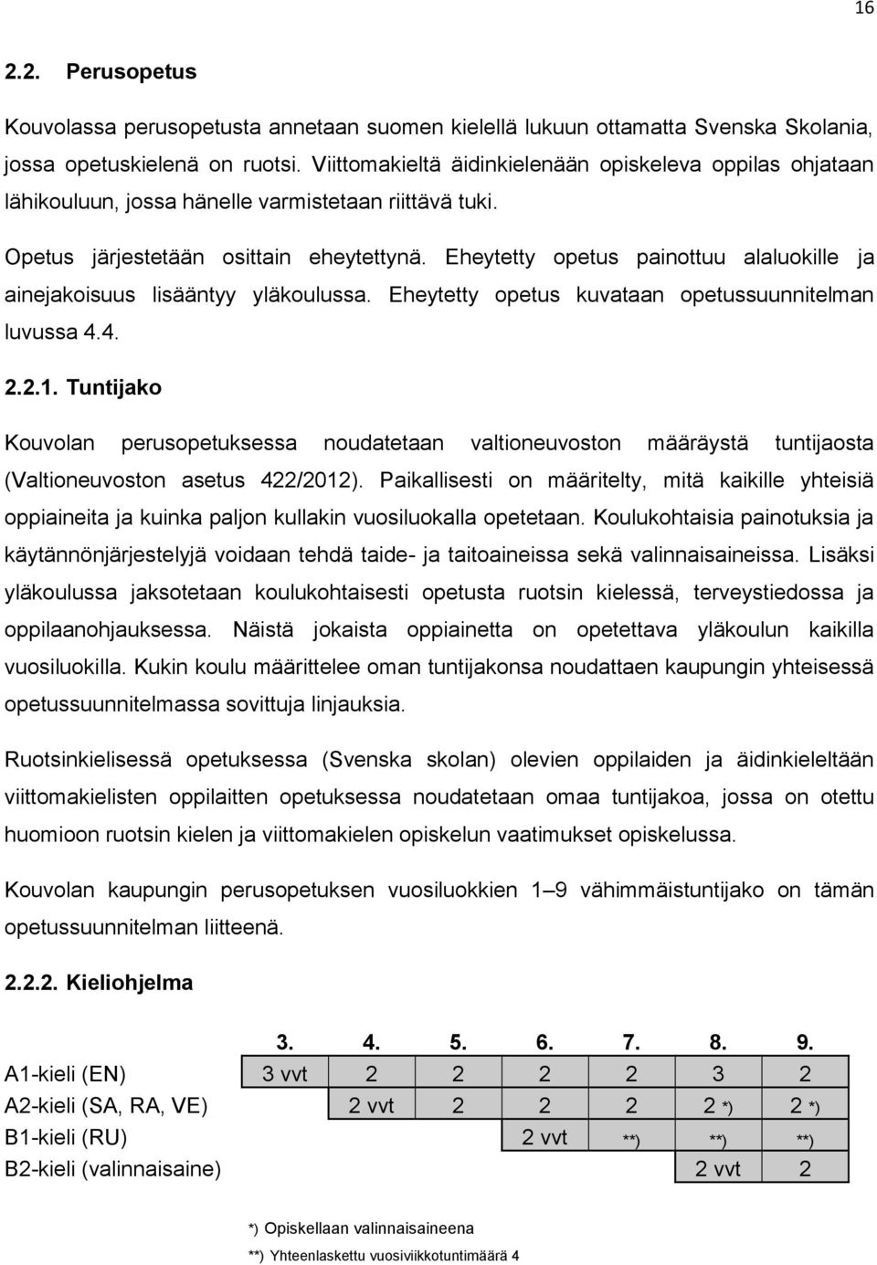 Eheytetty opetus painottuu alaluokille ja ainejakoisuus lisääntyy yläkoulussa. Eheytetty opetus kuvataan opetussuunnitelman luvussa 4.4. 2.2.1.