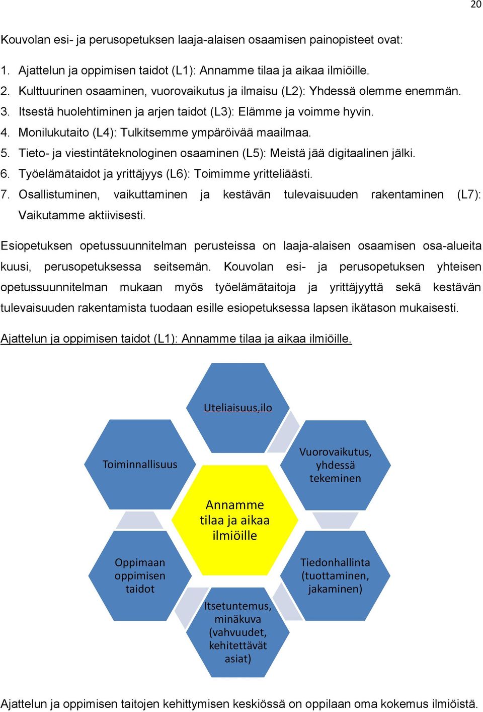 Monilukutaito (L4): Tulkitsemme ympäröivää maailmaa. 5. Tieto- ja viestintäteknologinen osaaminen (L5): Meistä jää digitaalinen jälki. 6. Työelämätaidot ja yrittäjyys (L6): Toimimme yritteliäästi. 7.