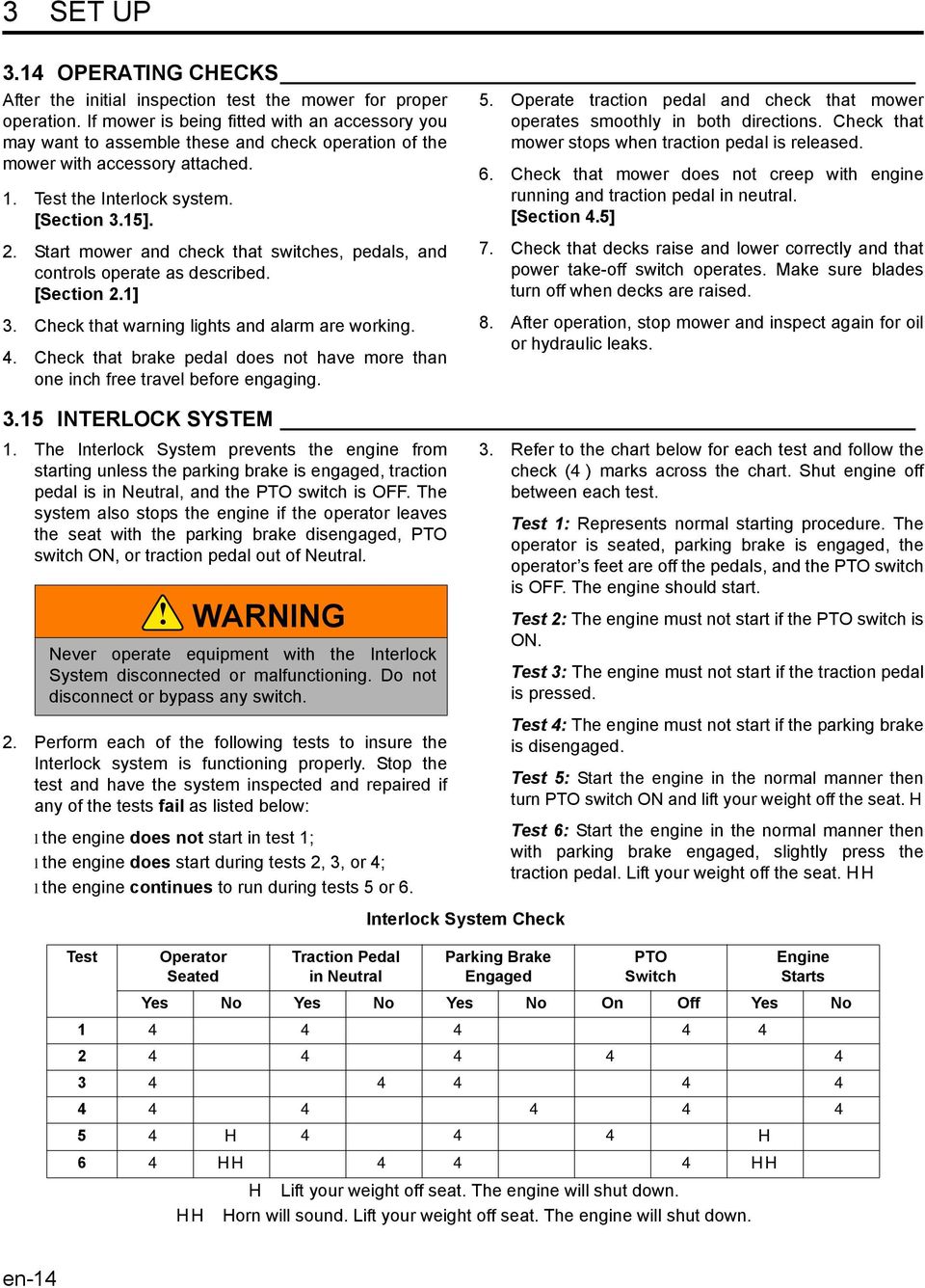 Start mower and check that switches, pedals, and controls operate as described. [Section 2.1] 3. Check that warning lights and alarm are working. 4.