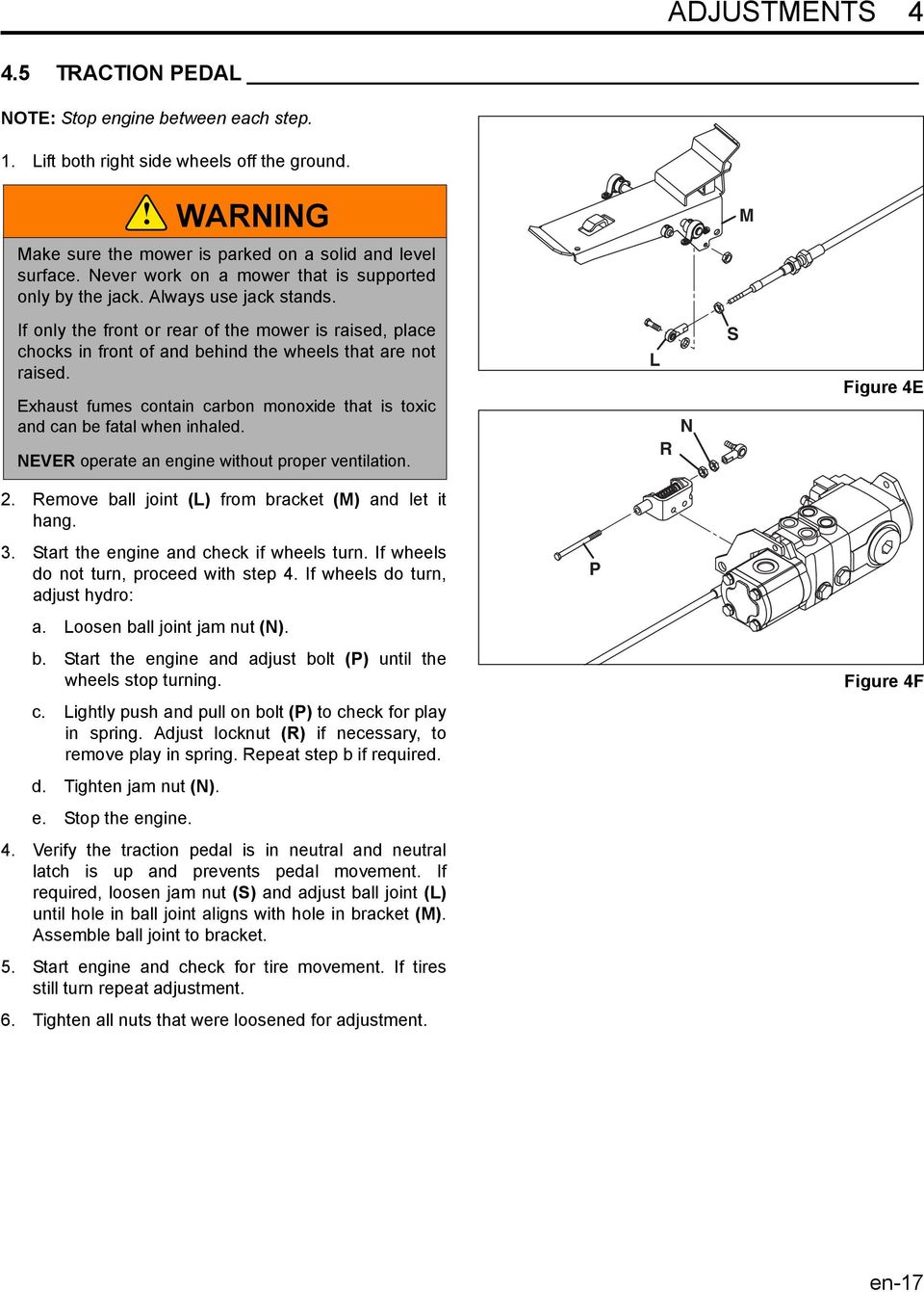 Exhaust fumes contain carbon monoxide that is toxic and can be fatal when inhaled. NEVER operate an engine without proper ventilation. L N R S Figure 4E 2.