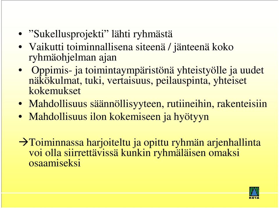 kokemukset Mahdollisuus säännöllisyyteen, rutiineihin, rakenteisiin Mahdollisuus ilon kokemiseen ja hyötyyn