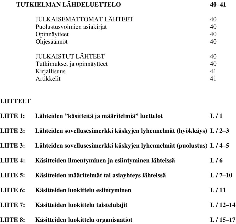 LIITE 3: Lähteiden sovellusesimerkki käskyjen lyhennelmät (puolustus) L / 4 5 LIITE 4: Käsitteiden ilmentyminen ja esiintyminen lähteissä L / 6 LIITE 5: Käsitteiden määritelmät tai