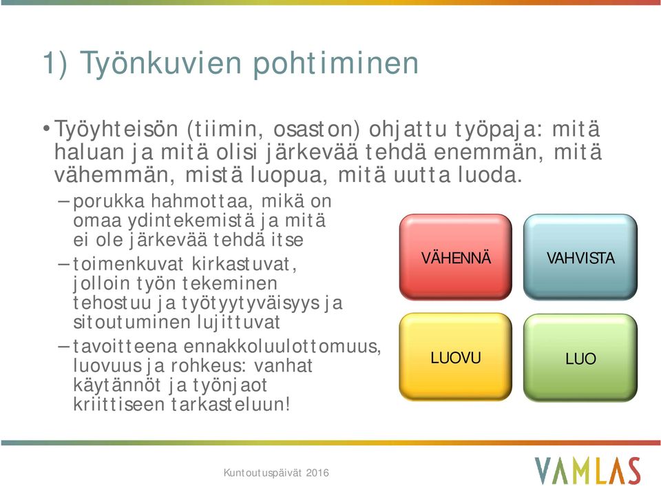 porukka hahmottaa, mikä on omaa ydintekemistä ja mitä ei ole järkevää tehdä itse toimenkuvat kirkastuvat, jolloin työn