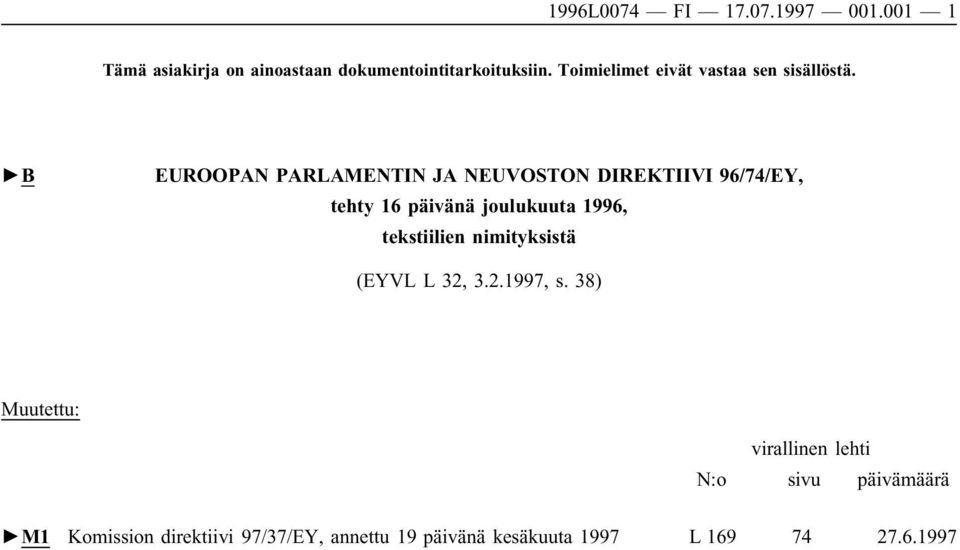 B EUROOPAN PARLAMENTIN JA NEUVOSTON DIREKTIIVI 96/74/EY, tehty 16 päivänä joulukuuta 1996, tekstiilien