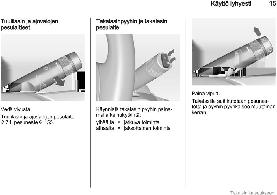 Käynnistä takalasin pyyhin painamalla keinukytkintä: ylhäältä = jatkuva toiminta alhaalta =