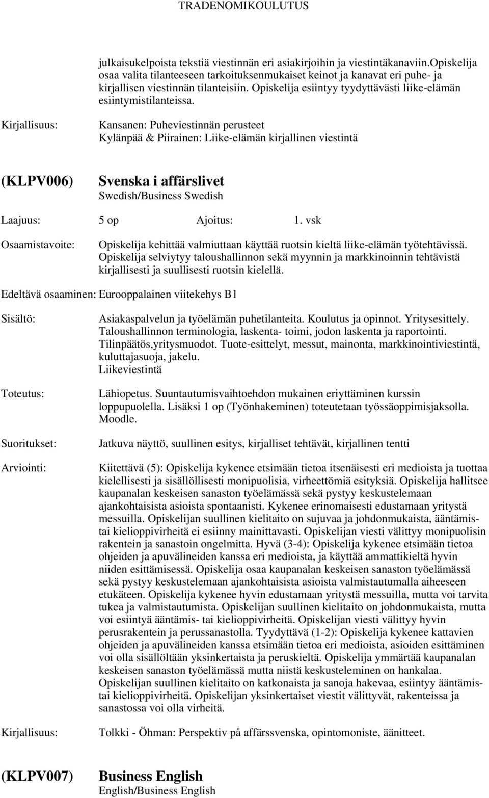 Kansanen: Puheviestinnän perusteet Kylänpää & Piirainen: Liike-elämän kirjallinen viestintä (KLPV006) Svenska i affärslivet Swedish/Business Swedish Laajuus: 5 op Ajoitus: 1.