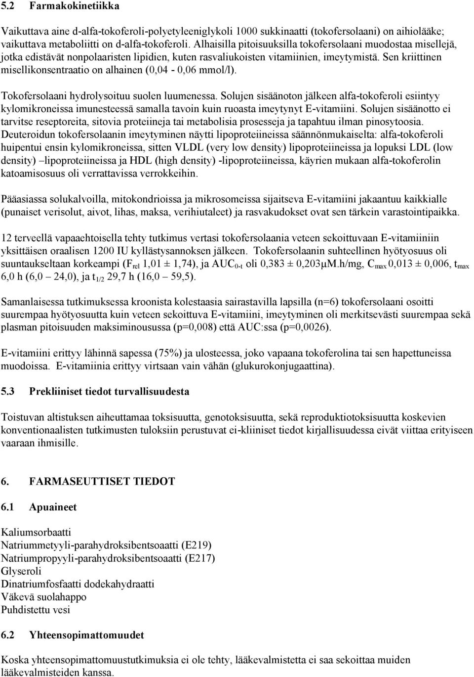 Sen kriittinen misellikonsentraatio on alhainen (0,04-0,06 mmol/l). Tokofersolaani hydrolysoituu suolen luumenessa.