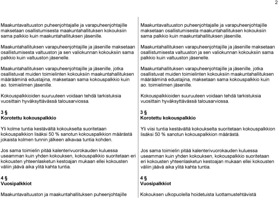 Maakuntahallituksen varapuheenjohtajille ja jäsenille, jotka osallistuvat muiden toimielinten kokouksiin maakuntahallituksen määrääminä edustajina, maksetaan sama kokouspalkkio kuin ao.