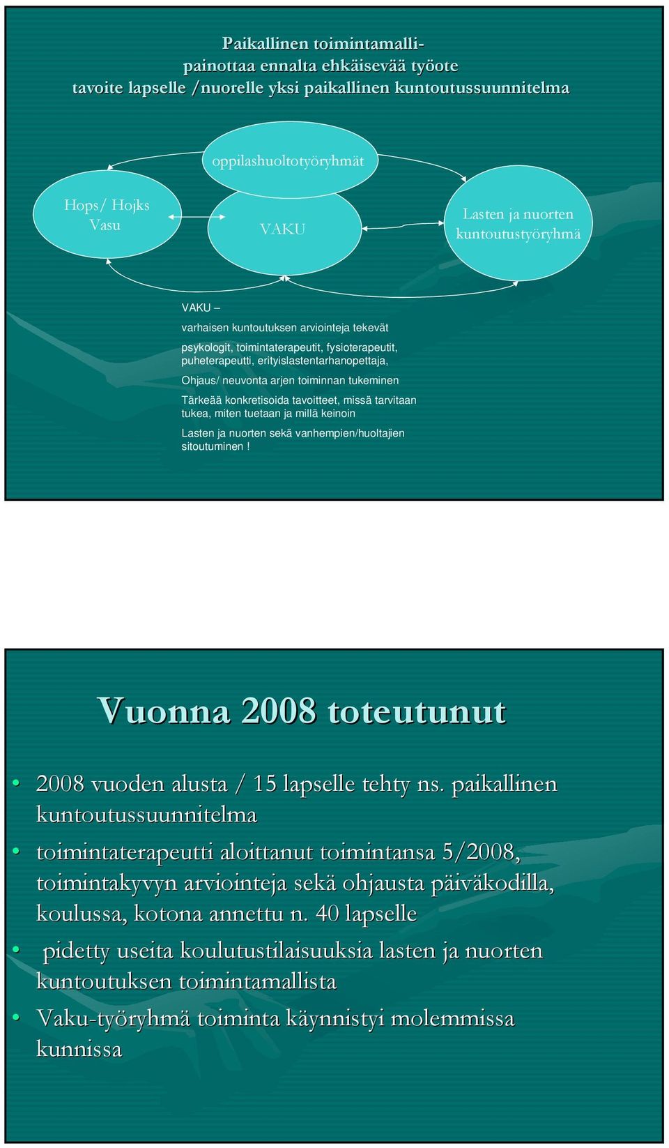 tukeminen Tärkeää konkretisoida tavoitteet, missä tarvitaan tukea, miten tuetaan ja millä keinoin Lasten ja nuorten sekä vanhempien/huoltajien sitoutuminen!