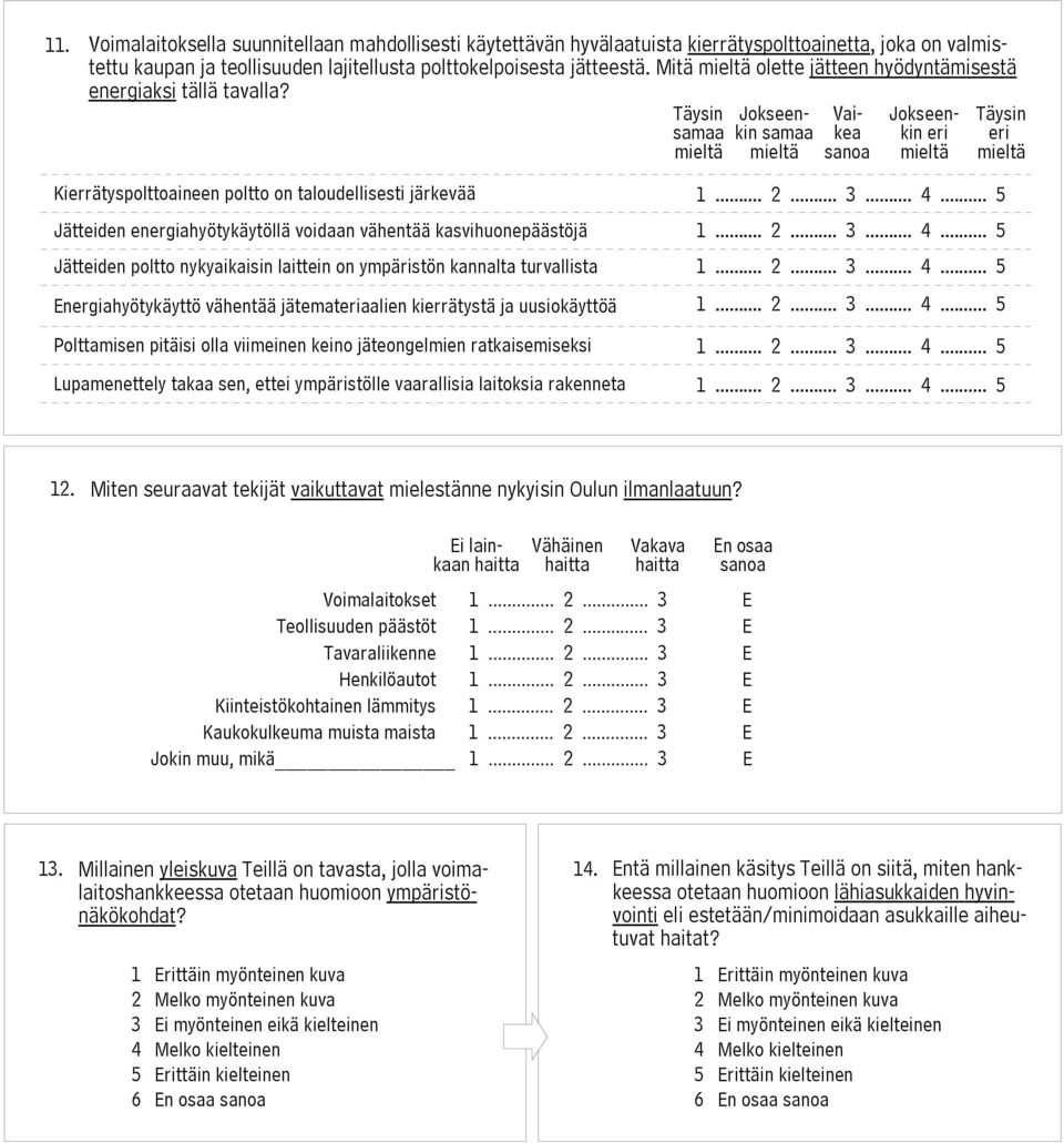 Täysin samaa mieltä Jokseenkin samaa mieltä Vaikea sanoa Jokseenkin eri mieltä Täysin eri mieltä Kierrätyspolttoaineen poltto on taloudellisesti järkevää Jätteiden energiahyötykäytöllä voidaan