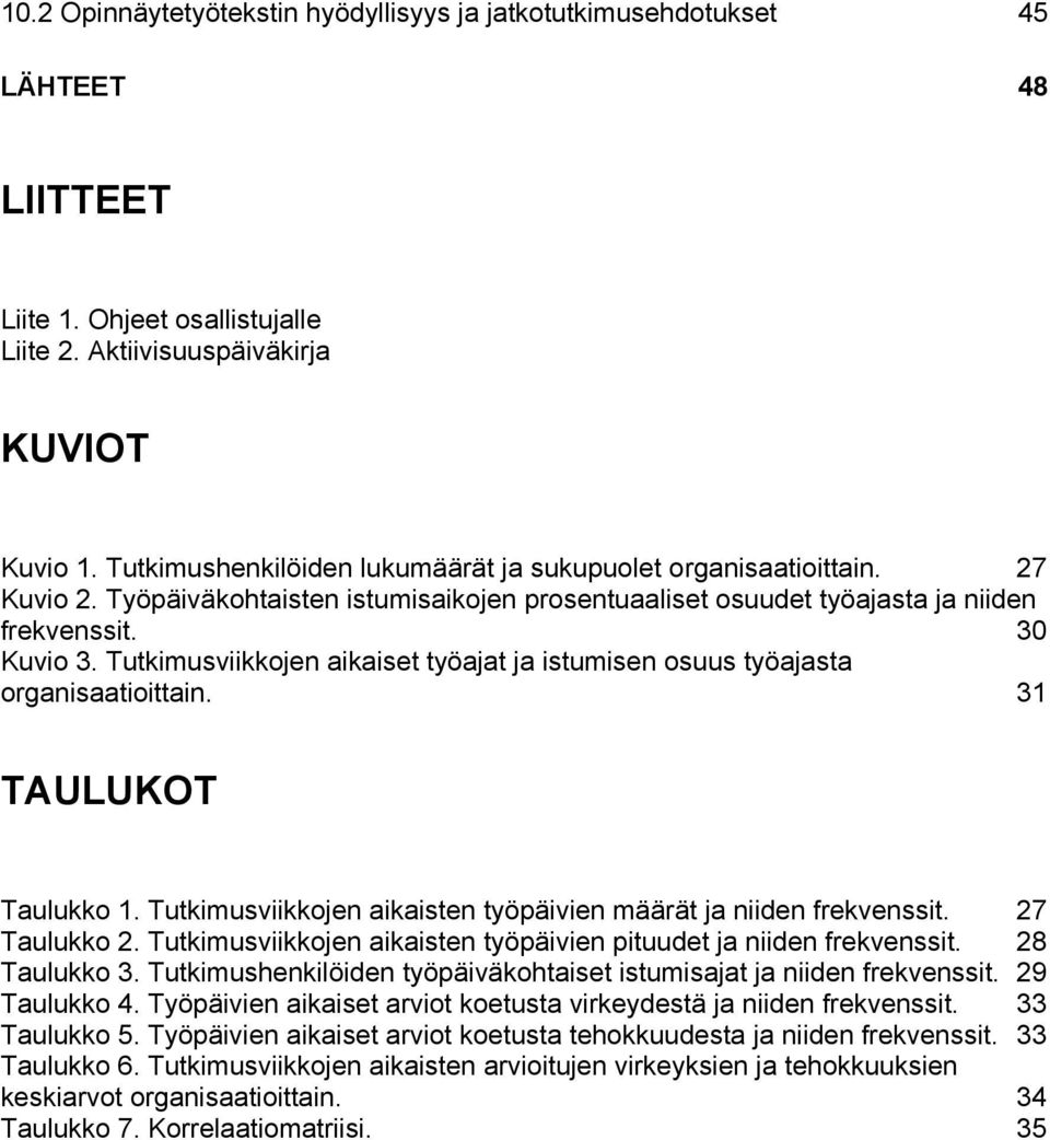 Tutkimusviikkojen aikaiset työajat ja istumisen osuus työajasta organisaatioittain. 31 TAULUKOT Taulukko 1. Tutkimusviikkojen aikaisten työpäivien määrät ja niiden frekvenssit. 27 Taulukko 2.