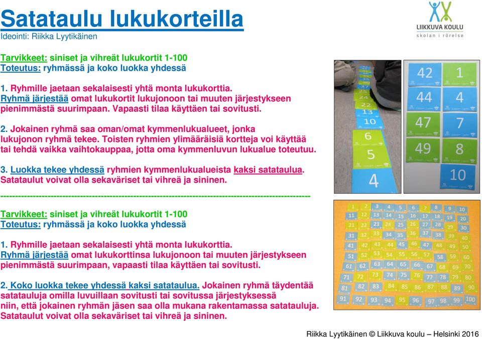 Jokainen ryhmä saa oman/omat kymmenlukualueet, jonka lukujonon ryhmä tekee. Toisten ryhmien ylimääräisiä kortteja voi käyttää tai tehdä vaikka vaihtokauppaa, jotta oma kymmenluvun lukualue toteutuu.