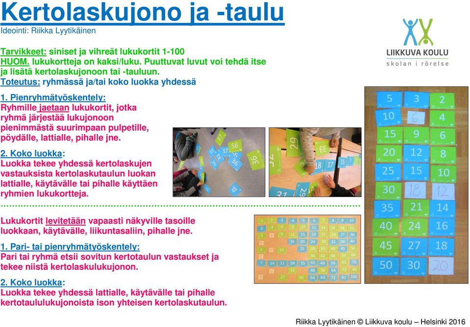 Pienryhmätyöskentely: Ryhmille jaetaan lukukortit, jotka ryhmä järjestää lukujonoon pienimmästä suurimpaan pulpetille, pöydälle, lattialle, pihalle jne. 2.