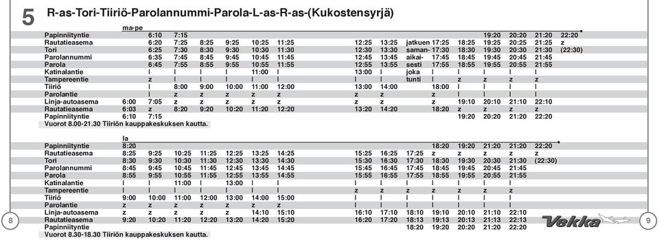 20:45 21:45 Parola 6:45 7:55 8:55 9:55 10:55 11:55 12:55 13:55 sesti 17:55 18:55 19:55 20:55 21:55 Katinalantie 11:00 13:00 joka Tampereentie z tunti z z z z Tiiriö 8:00 9:00 10:00 11:00 12:00 13:00