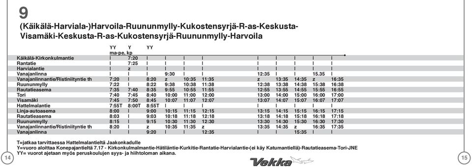 35 Vanajanlinnantie/Ristiniityntie th 7:20 8:20 z 10:35 11:35 z 13:35 14:35 z 16:35 Ruununmylly 7:22 8:22 9:38 10:38 11:38 12:38 13:38 14:38 15:38 16:38 Rautatieasema 7:35 7:40 8:35 9:55 10:55 11:55