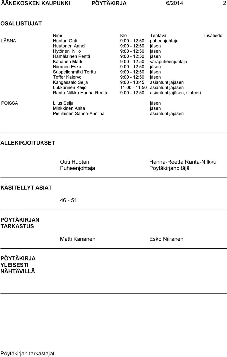 asiantuntijajäsen Lukkarinen Keijo 11:00-11:50 asiantuntijajäsen Ranta-Nilkku Hanna-Reetta 9:00-12:50 asiantuntijajäsen, sihteeri POISSA Liius Seija jäsen Minkkinen Anita jäsen Pietiläinen