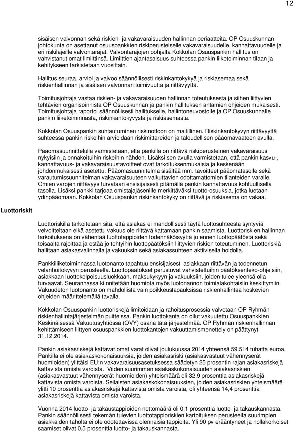 Valvontarajojen pohjalta Kokkolan Osuuspankin hallitus on vahvistanut omat limiittinsä. Limiittien ajantasaisuus suhteessa pankin liiketoiminnan tilaan ja kehitykseen tarkistetaan vuosittain.
