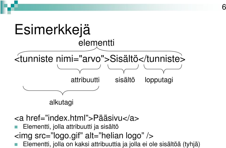 html >Pääsivu</a> Elementti, jolla attribuutti ja sisältö <img src=