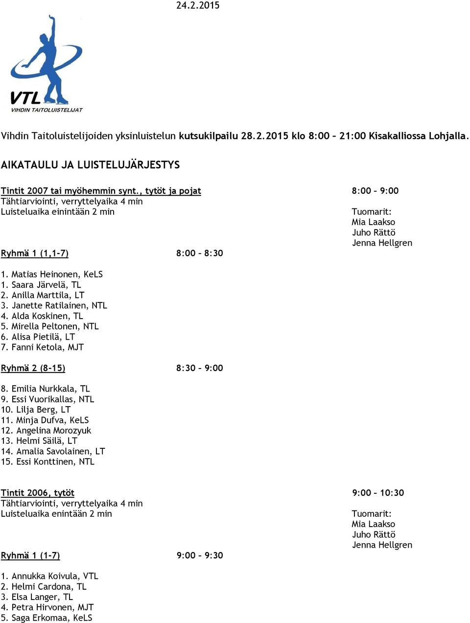 Alda Koskinen, TL 5. Mirella Peltonen, NTL 6. Alisa Pietilä, LT 7. Fanni Ketola, MJT Ryhmä 2 (8-15) 8:30 9:00 8. Emilia Nurkkala, TL 9. Essi Vuorikallas, NTL 10. Lilja Berg, LT 11.