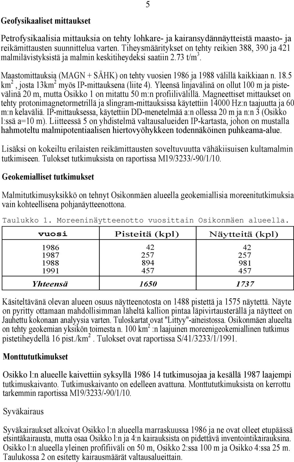 18.5 km 2, josta 13km 2 myös IP-mittauksena (liite 4). Yleensä linjavälinä on ollut 100 m ja pistevälinä 20 m, mutta Osikko 1 on mitattu 50 m:n profiilivälillä.