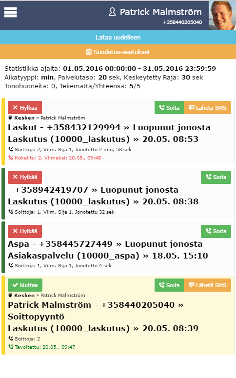 Luopuneiden puheluiden käsittely & Takaisinsoittopyynnöt Järjestelmä mahdollistaa helpon tavan kontaktoida jonoissa luovuttaneet soittajat.