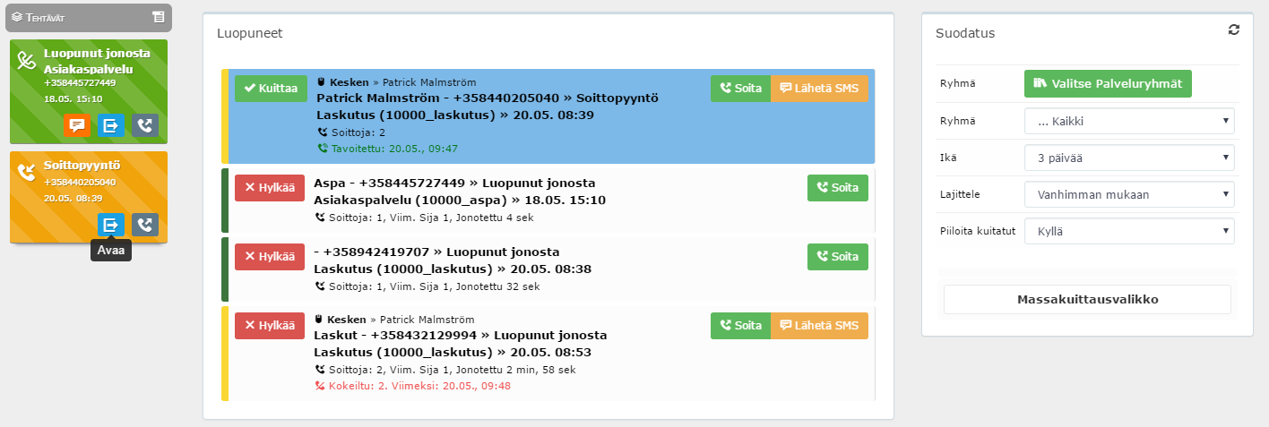 Soitettavat Luopuneet ja Takaisinsoittopyynnöt Soitetulle asiakkaalle jota ei tavoitettu voidaan helposti lähettää Palveluryhmäkohtainen esikirjoitettu SMS-viesti.