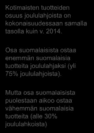 Kotimaisten ja Suomessa tehtyjen tuotteiden osuus joululahjahankinnoista n=osannut vastata kysymykseen 00 76-99 5-75 3-50 -30-0 0 En osaa sanoa Kotimaisten tuotteiden osuus joululahjoista on