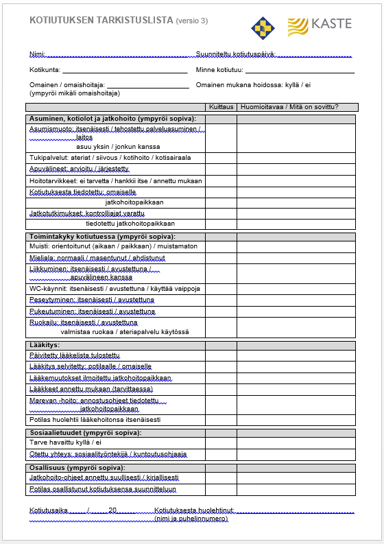 16 Kuva 4. Paperinen tarkistuslista (versio 3.) SATSHP:n pilottiosastot aloittivat kokeilun 1.7.2015 ja kuntien pilottiyksiköt arvioivat toimenpiteiden vaikutusta kotiutusten sujuvuuteen.