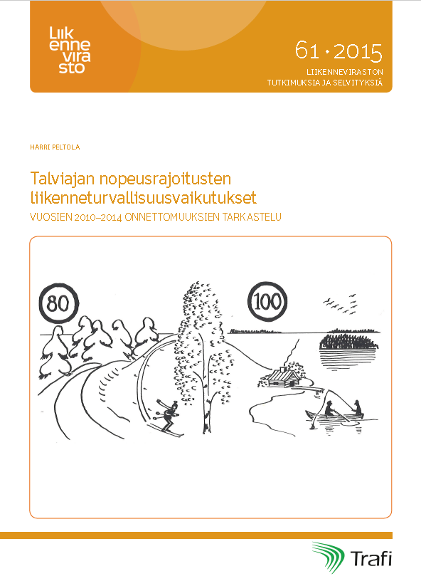 Tutkimustulokset talviajaksi 100-> 80 km/h alennetun nopeusrajoituksen turvallisuusvaikutuksista Talvirajoituksen vaikutus, % Vuosi Kohde Uskottavin Varmuusväli Arviointimenetelmä 1991 Kaikki onn.