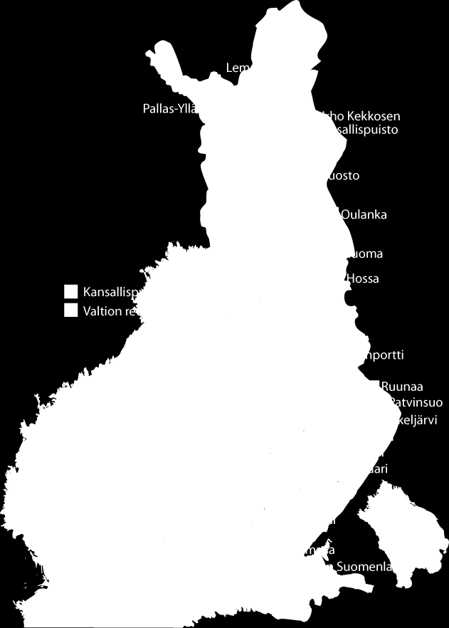 Luontokohteiden käyntimäärät 2015 Kansallispuistot (39 kpl) 2,63 milj. käyntiä Valtion retkeilyalueet (6 kpl) 0,28 milj.