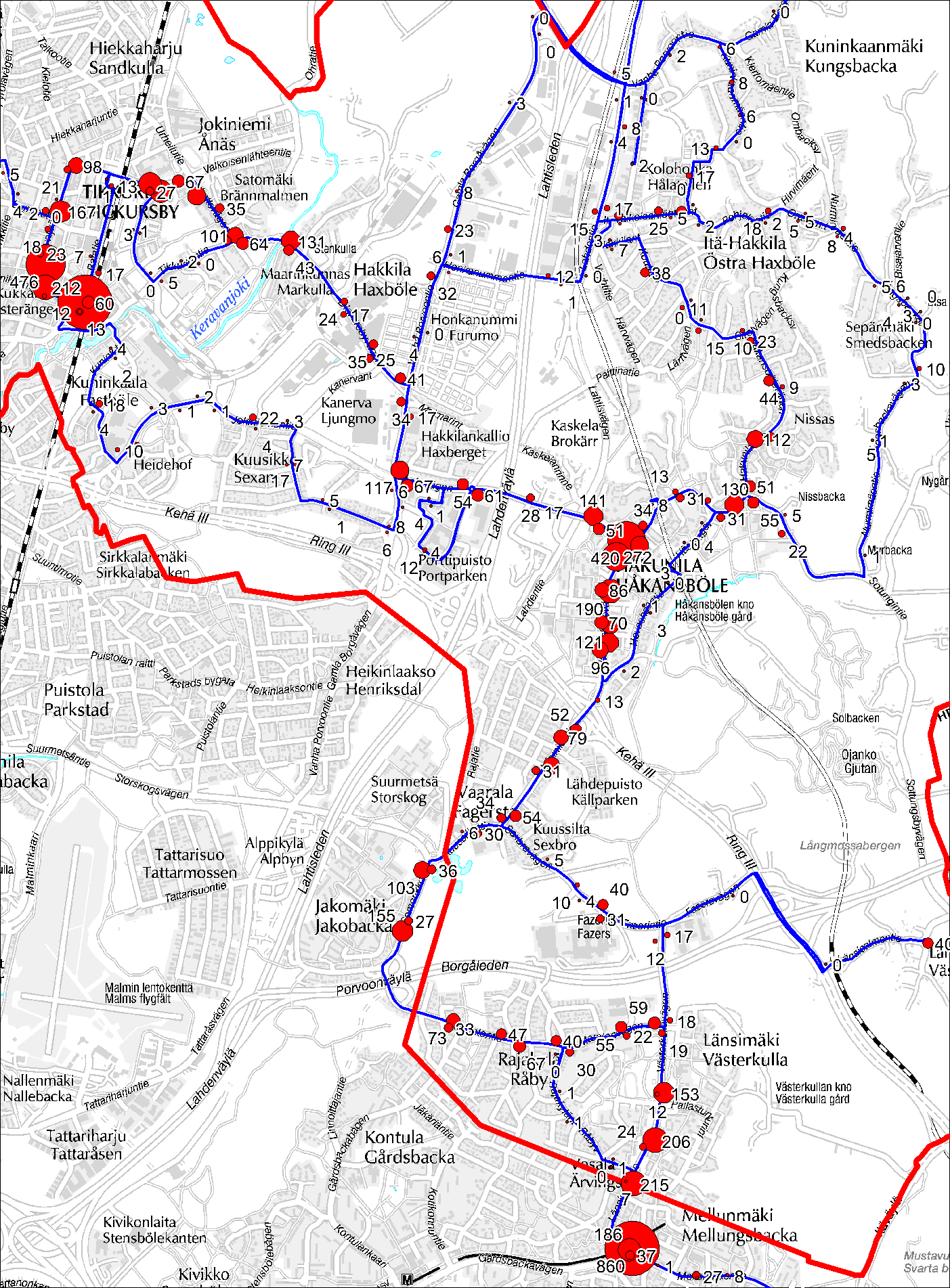 16 Kuva 6. Vantaan sisäisille linjoille sekä linjalle 562,K tehdyt nousut arkipäivänä (linja 56,K puuttuu).