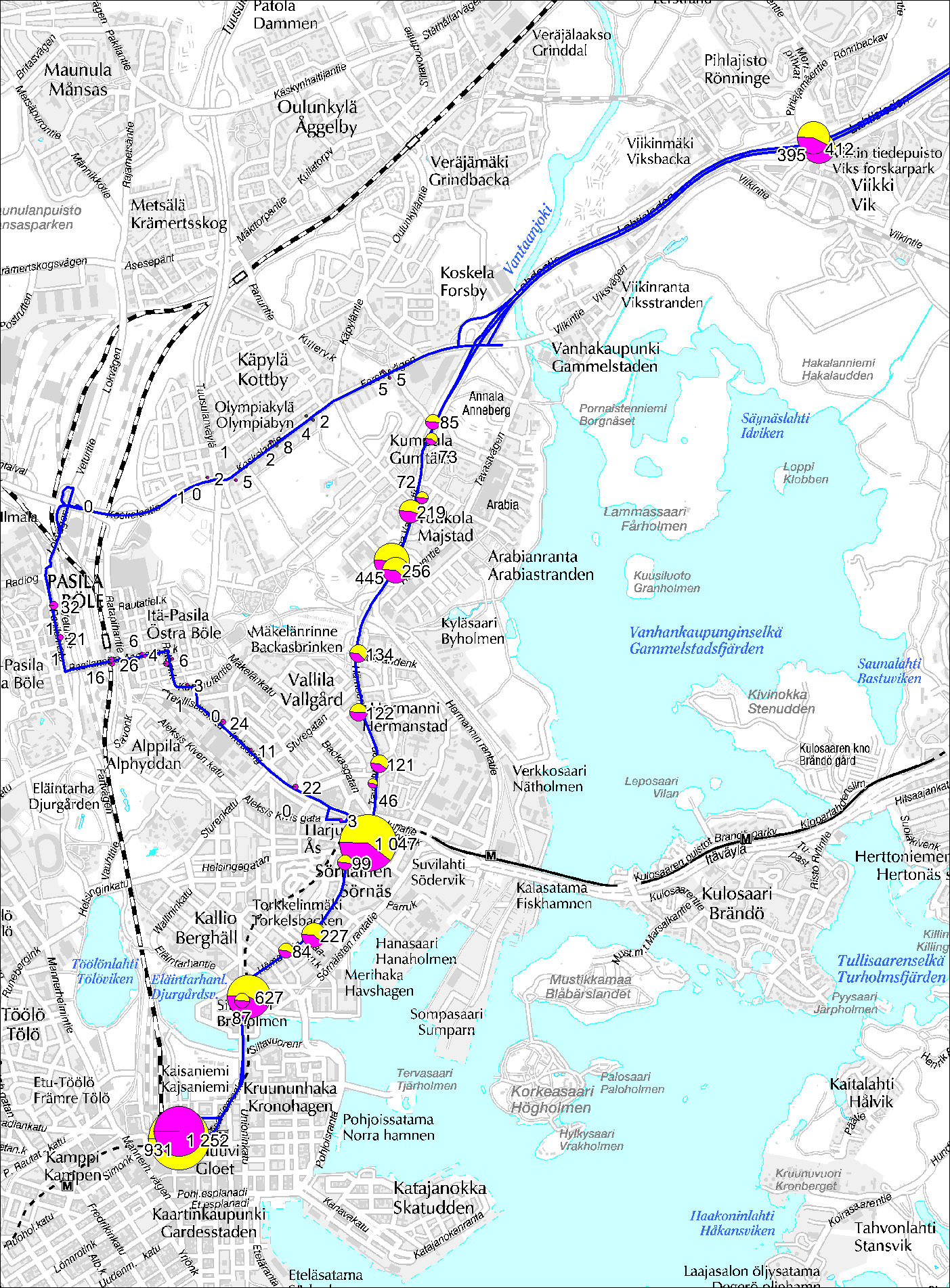 19 Kuva 9. 730-sarjan sekä 740-sarjan seutulinjoille (sis. 518) tehdyt nousut arkipäivänä (keltainen: 730-sarja, violetti: 740-sarja sisältäen linjan 518).