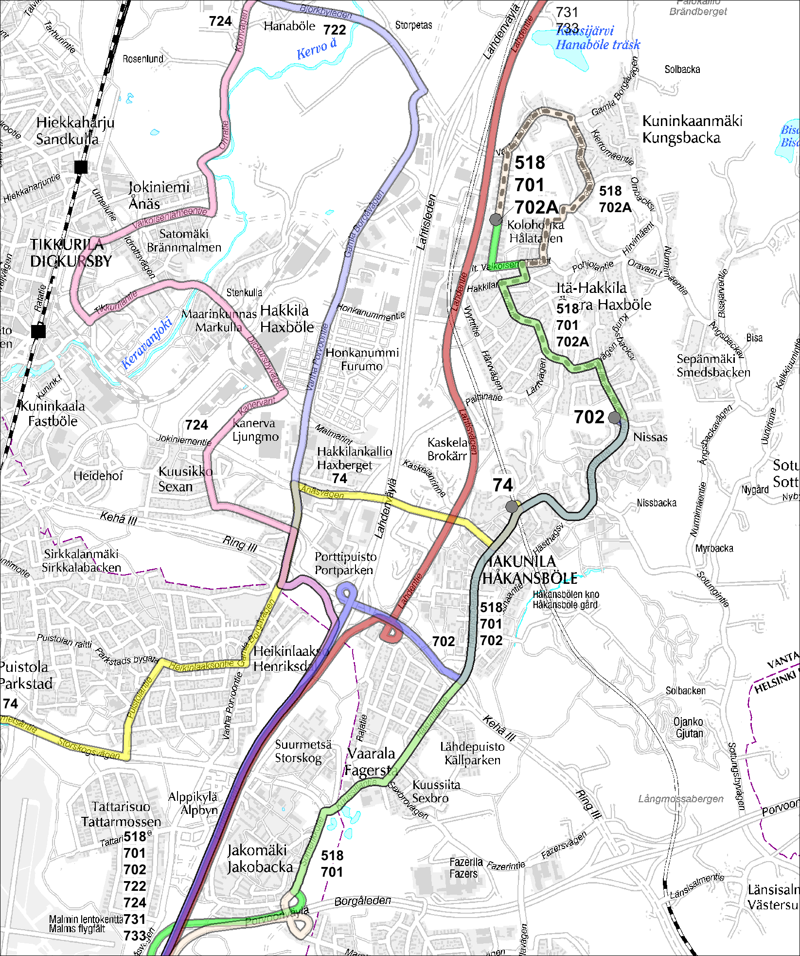 46 3.3 Pääradan itäpuolen bussilinjat Helsinkiin Radan itäpuolelta Helsinkiin kulkevista linjoista keskeisin on linja 701 (nykyinen 741), jota on käsitelty