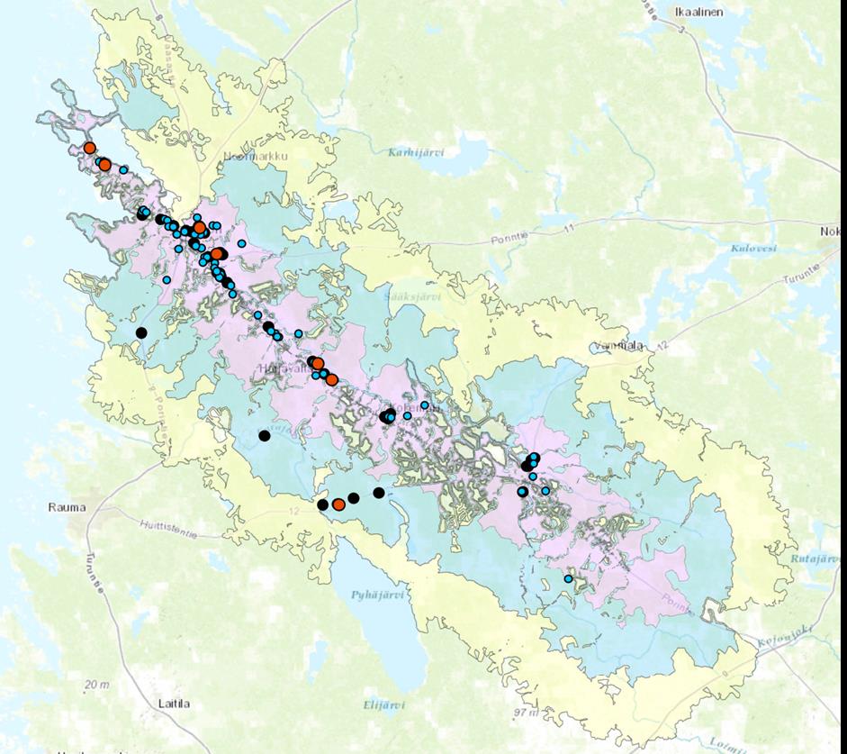 Näkyvyys verkossa, teollisuusyritykset (toimiala C, 10-33) 30 km etäisyydellä VT2:sta Yrityksiä 10km 20km 30km karttakuvissa pisteet