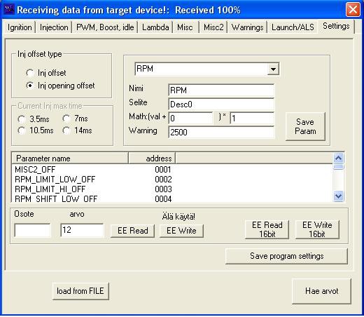 Settings Mittaustietojen skaalaukset ja esim mittausten Warning rajat määritetään täällä. Parametrit talletetaan Save Param napilla.
