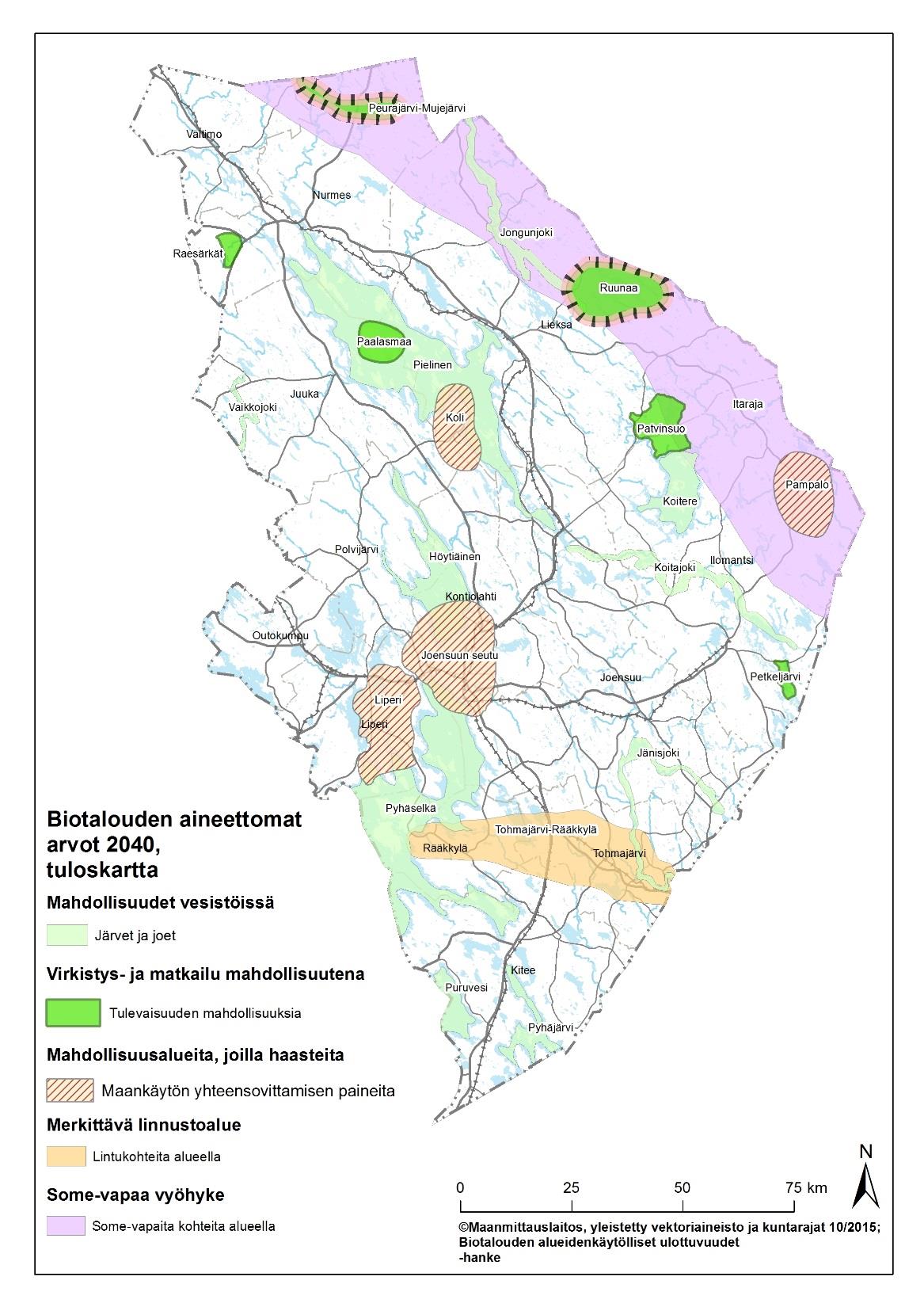 Tuloskartta: Biotalouden aineettomat arvot 2040 Pohjois-Karjalan biotalouden aineettomat arvot 2040 Vesistöt virkistyksen ja vapaa-ajan vetovoimakohteita tulevaisuudessakin, kansallispuistot nähdään