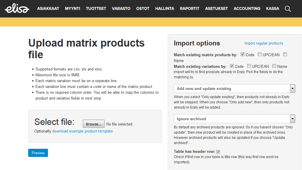 Matriisituotteiden tuontiin pääset valitsemalla oikeasta yläreunasta Import matrix products -linkin.