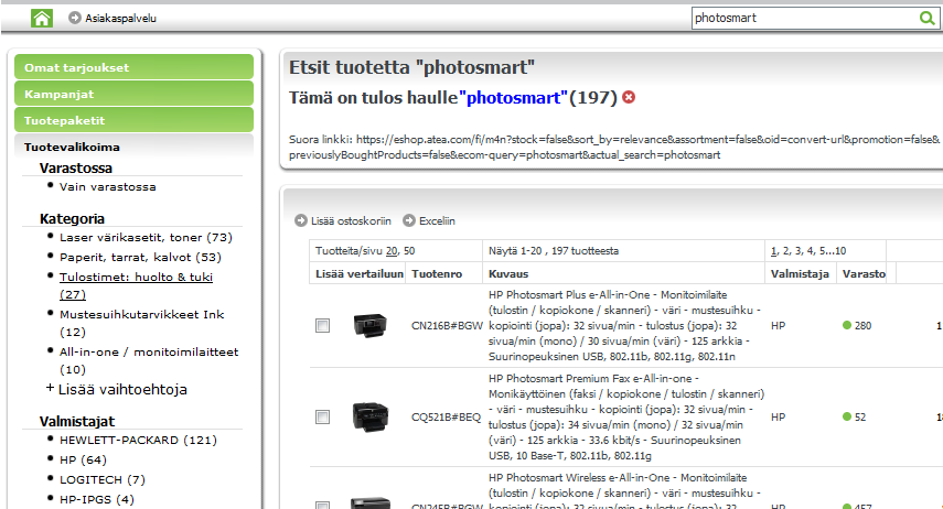 8 (14) Tehdyt valinnat voidaan poistaa valitsemalla valkoinen rasti Lyhyt kuvaus hakukoneesta Kun kirjoitat sanan hakukenttään, eshop tekee ehdotuksia hakusanoista etuna on välttää kirjoitusvirheitä.