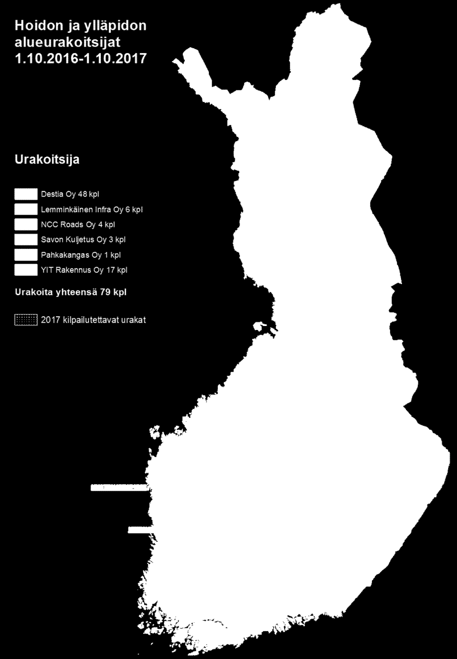 Kilpailutettavat alueurakat 2017 Yhteistyöalue ELY Urakka Etelä UUD Lahti Etelä UUD Heinola Länsi VAR Loimaa Länsi VAR Merikarvia Länsi EPO Kristiinankaupunki Länsi EPO Alavus Länsi PIR Tampere Länsi