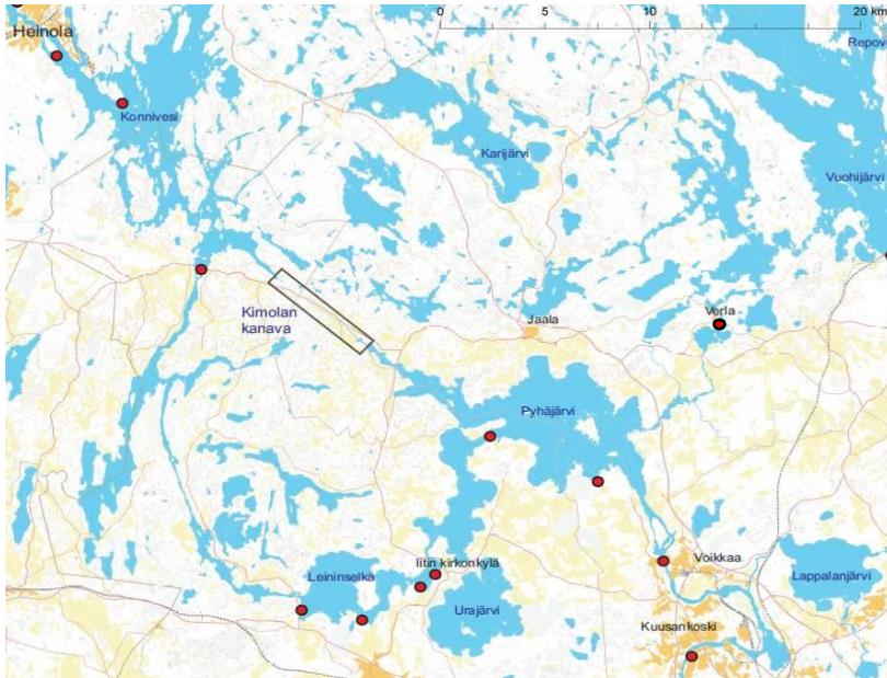 Reitin houkuttelevuus (veneilijät) INFOTEKSTI LOMAKKEELLA: 7 km pitkä Kimolan kanava yhdistää Kymijoen yläjuoksun Konniveden ja Pyhäjärven.