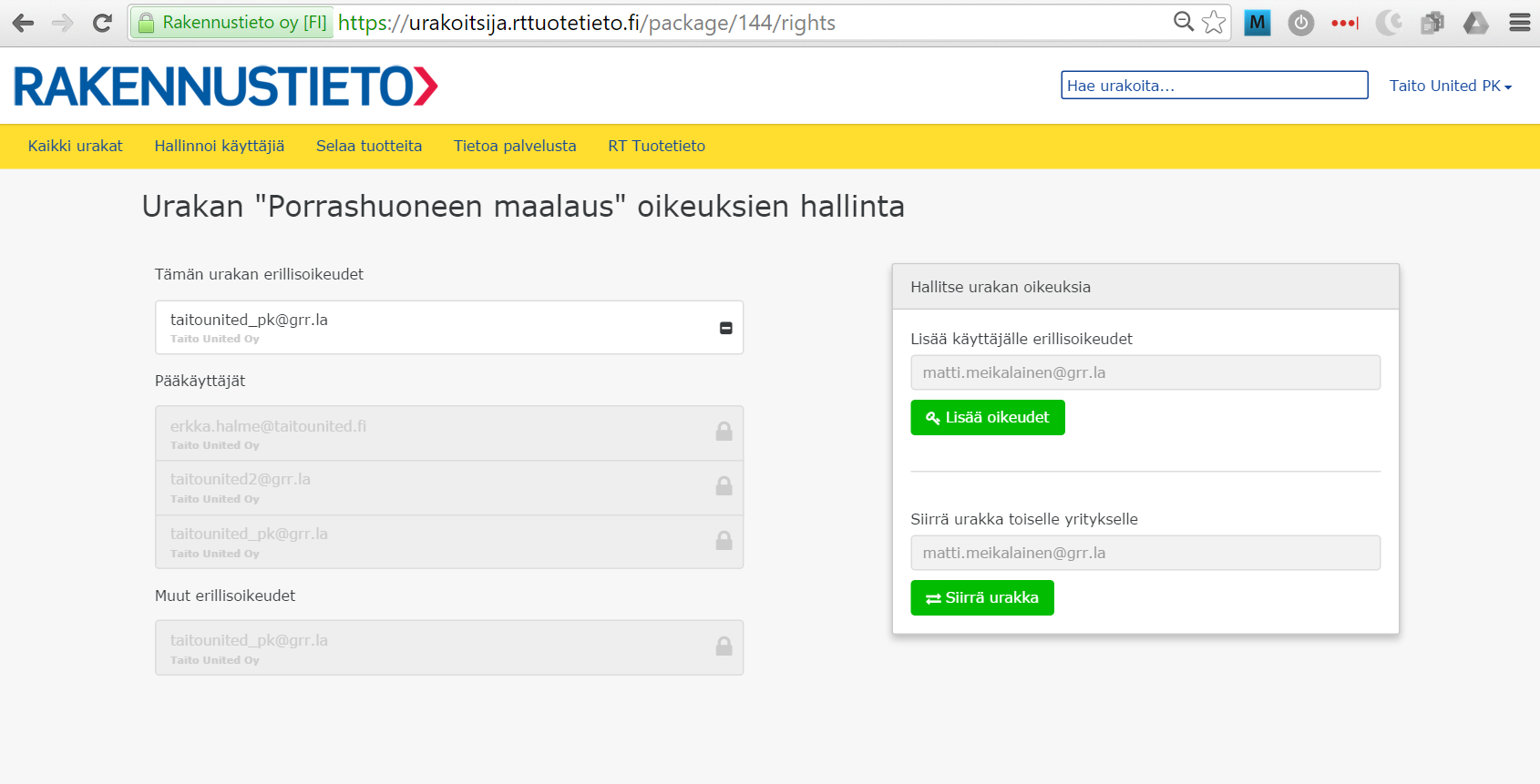 Urakkakohtaisten käyttöoikeuksien antaminen Kunkin urakan osalta voidaan määritellä keillä yrityksen käyttäjillä on käyttöoikeus yksittäisen urakan tietoihin. Käytännössä esim.