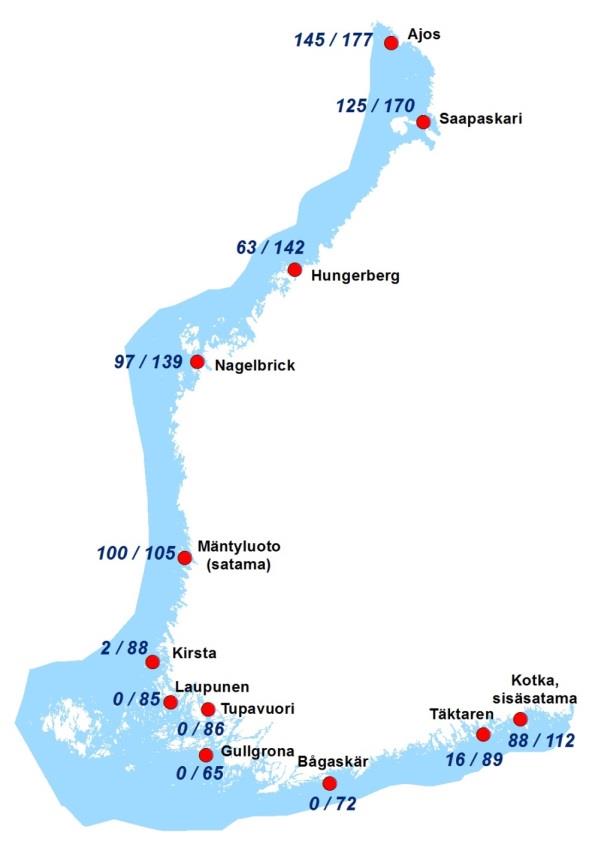 Jääpäiviä vähän Jääpäivät: talvi 2014-2015 / ka 1981-2010 Jääpeitteen