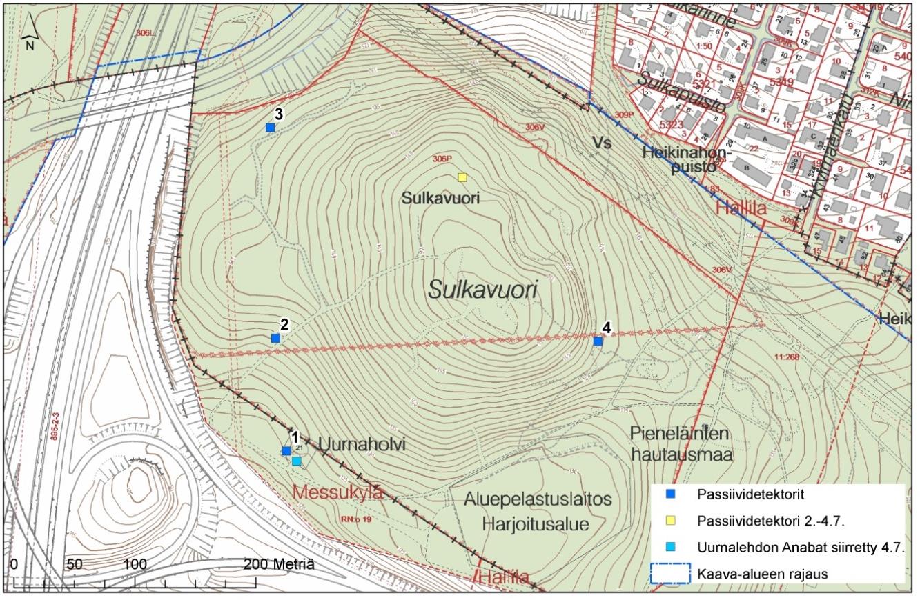 Kuva 15. Passiividetektorien sijainnit. Kuvan numerointi vastaa kappaleessa esiintyvää numerointia. Kuva 16. Katkot detektorien toiminnassa 25.5.-12.8. välisenä aikana.