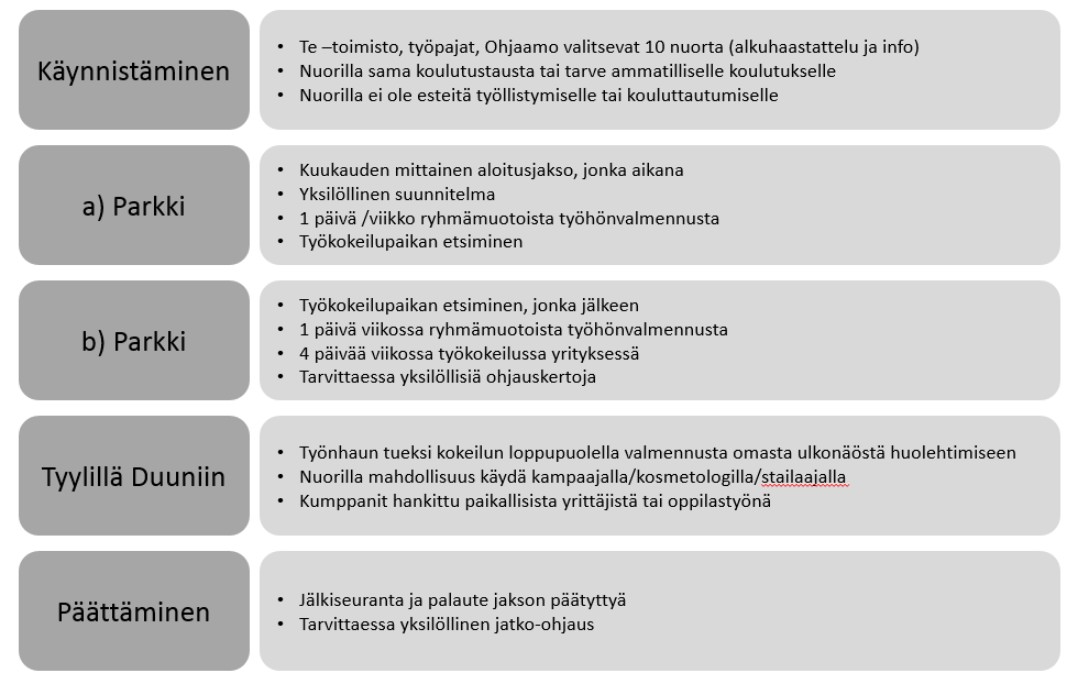 PARKKI -kokeilu PARKKI Pähkinänkuoressa Parkki on tarkoitettu ensisijaisesti ammattikoulutetuille nuorille, joiden työttömyys uhkaa pitkittyä.